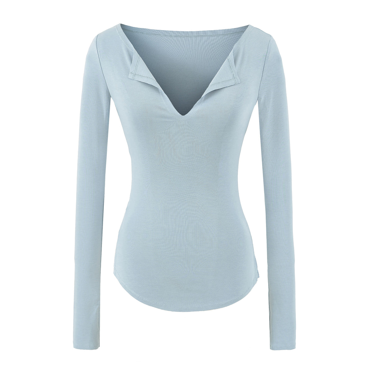Women's Pink Slim Fit Long Sleeve V-Neck T-Shirt with Side Slit