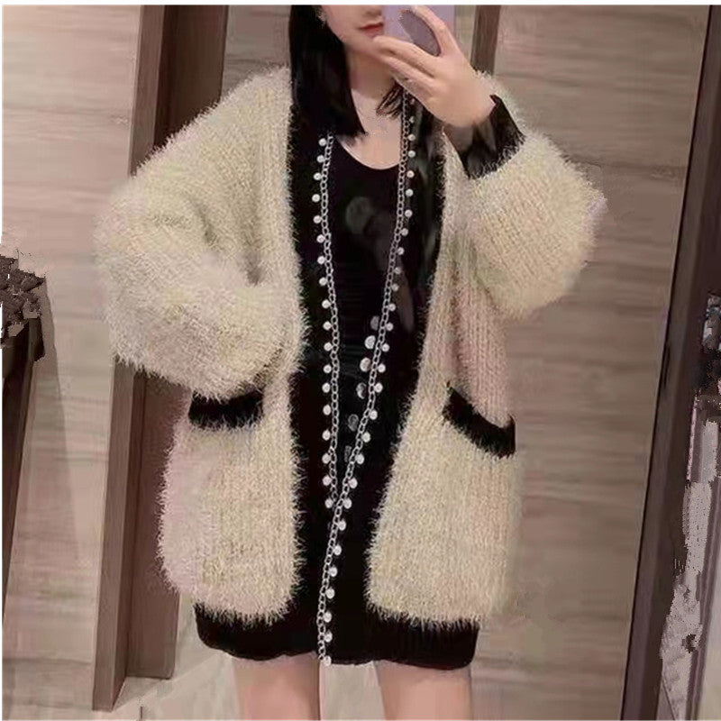 Women's Thick Knit Jacket, Chanel Style Beaded Sweater, Loose Casual Long Sleeve