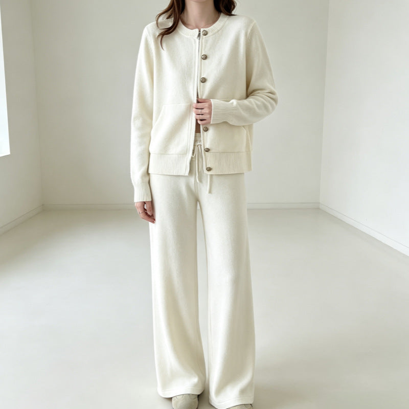 Zipper knit sweater wide leg straight leg pants solid color two-piece set