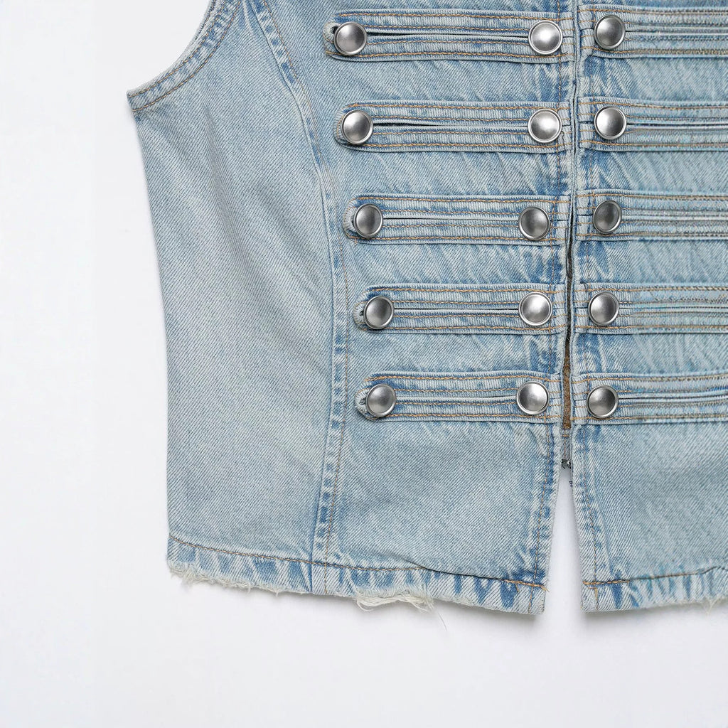 Tailored knot button decoration denim vest women