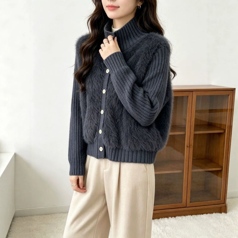 Stand up collar single breasted sweater