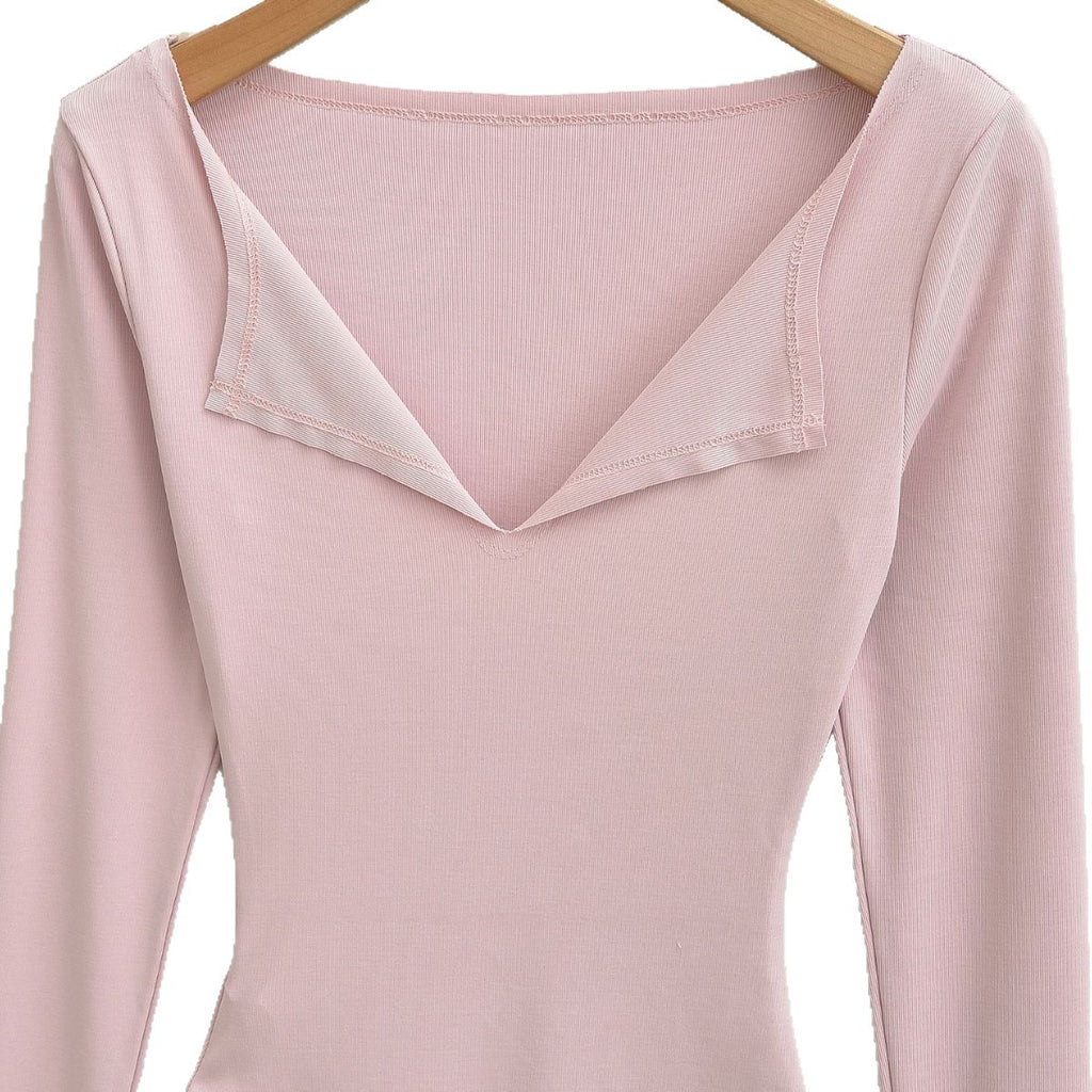 Women's Pink Slim Fit Long Sleeve V-Neck T-Shirt with Side Slit