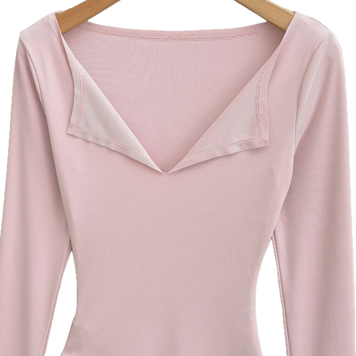 Women's Pink Slim Fit Long Sleeve V-Neck T-Shirt with Side Slit
