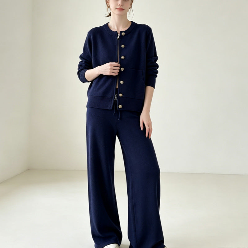 Zipper knit sweater wide leg straight leg pants solid color two-piece set