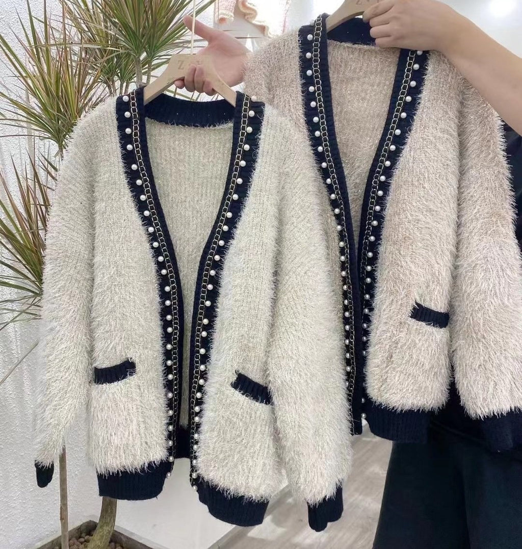 Women's Thick Knit Jacket, Chanel Style Beaded Sweater, Loose Casual Long Sleeve