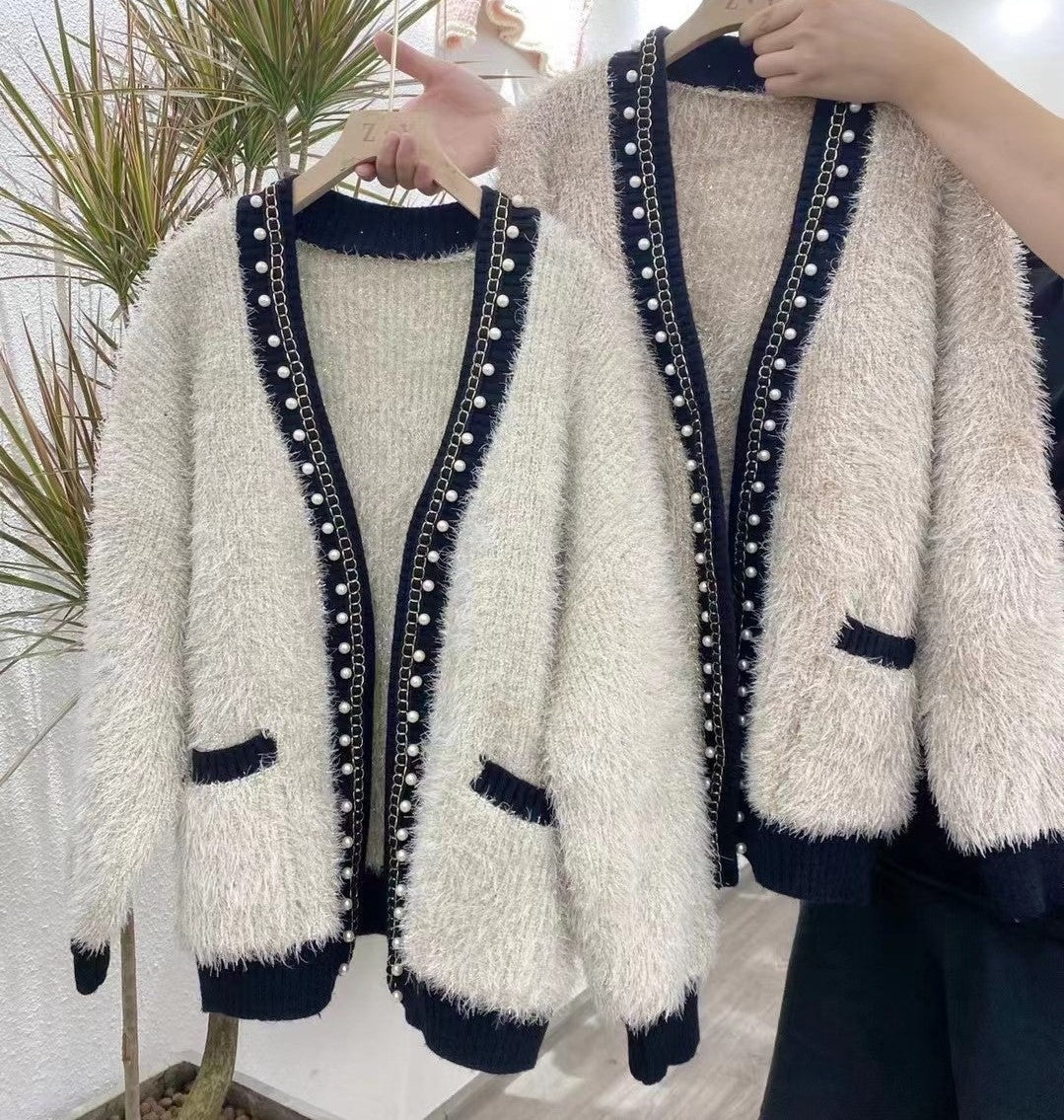 Women's Thick Knit Jacket, Chanel Style Beaded Sweater, Loose Casual Long Sleeve
