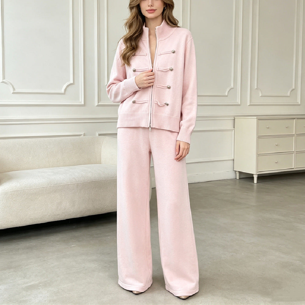 Double zipper long sleeved sweater set for women