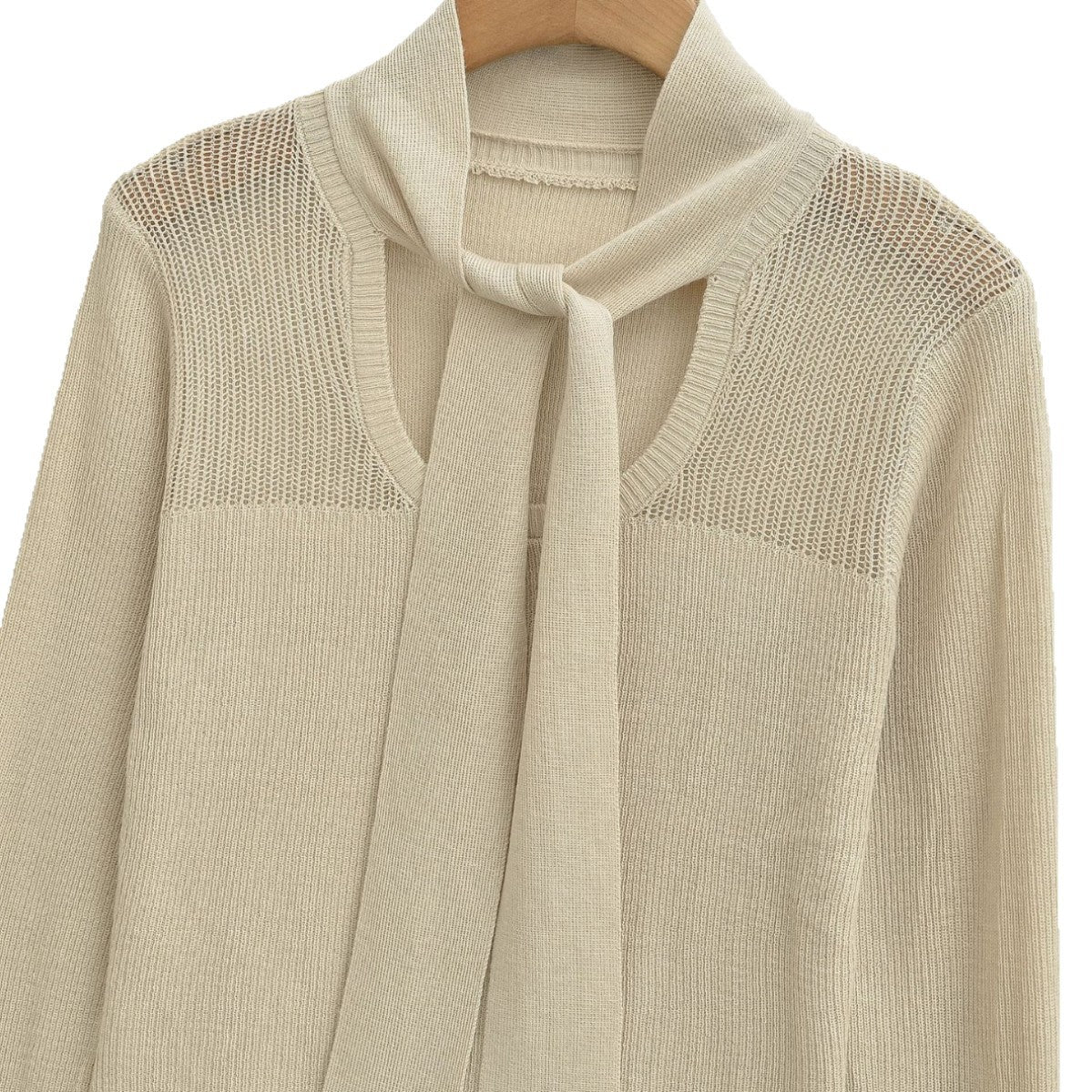 Women's Tie-Neck Semi-Sheer Slim Fit Wool Blend Knit Top Long Sleeve Layering Sweater