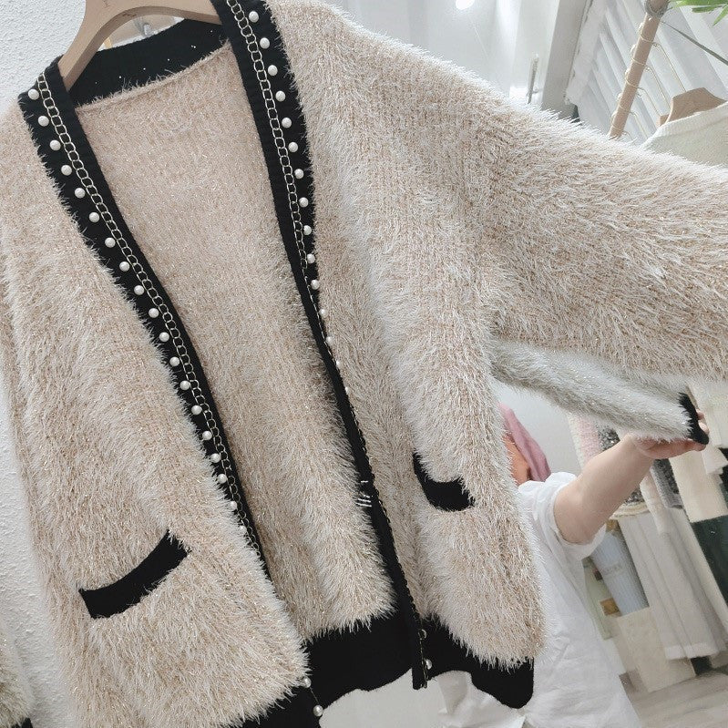 Women's Thick Knit Jacket, Chanel Style Beaded Sweater, Loose Casual Long Sleeve