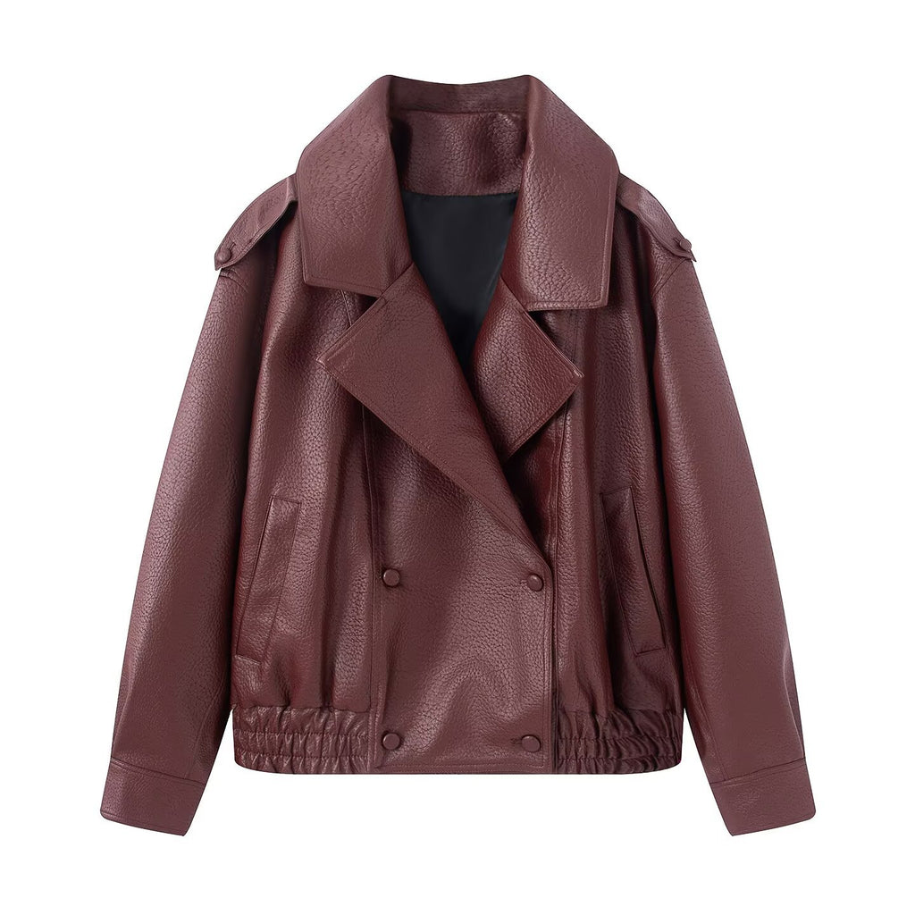 Lychee patterned imitation leather jacket for women