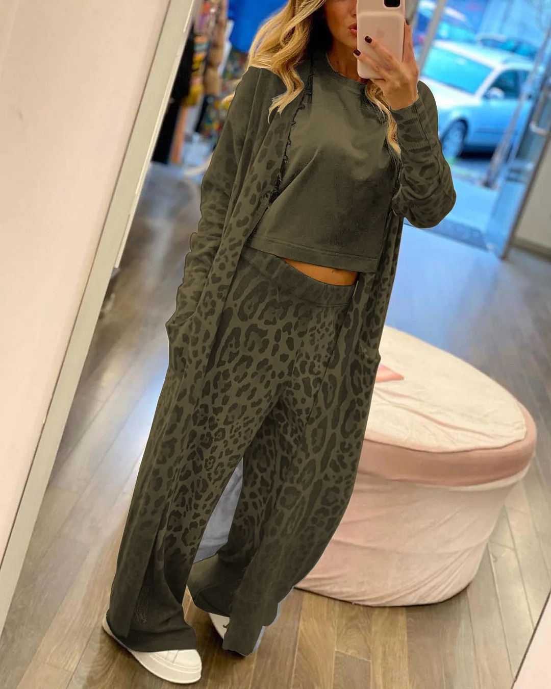 New leopard print long sleeved cardigan jacket, long pants set, two-piece set for women