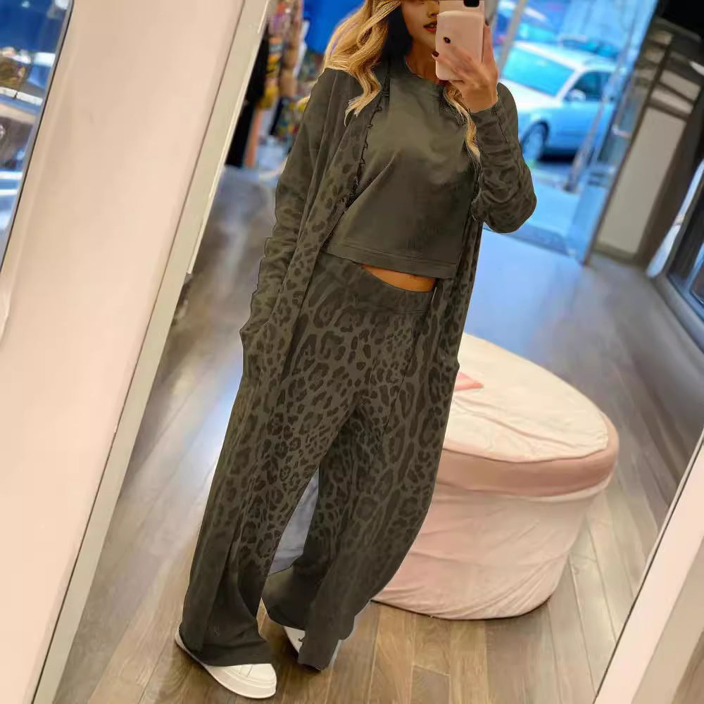 New leopard print long sleeved cardigan jacket, long pants set, two-piece set for women
