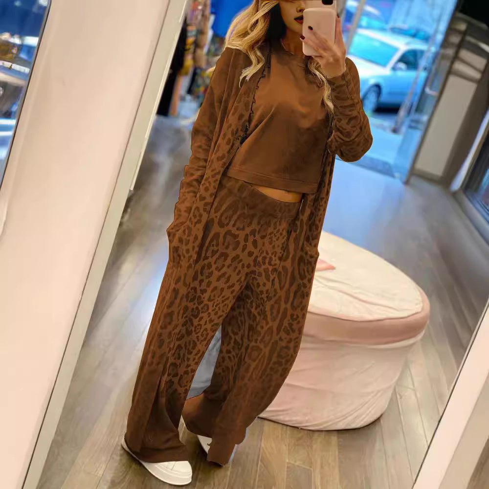 New leopard print long sleeved cardigan jacket, long pants set, two-piece set for women