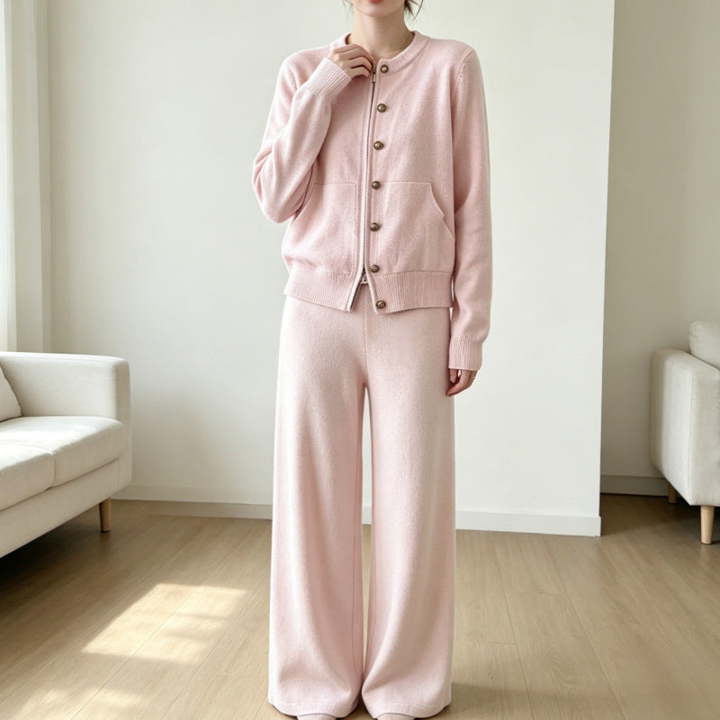 Zipper knit sweater wide leg straight leg pants solid color two-piece set