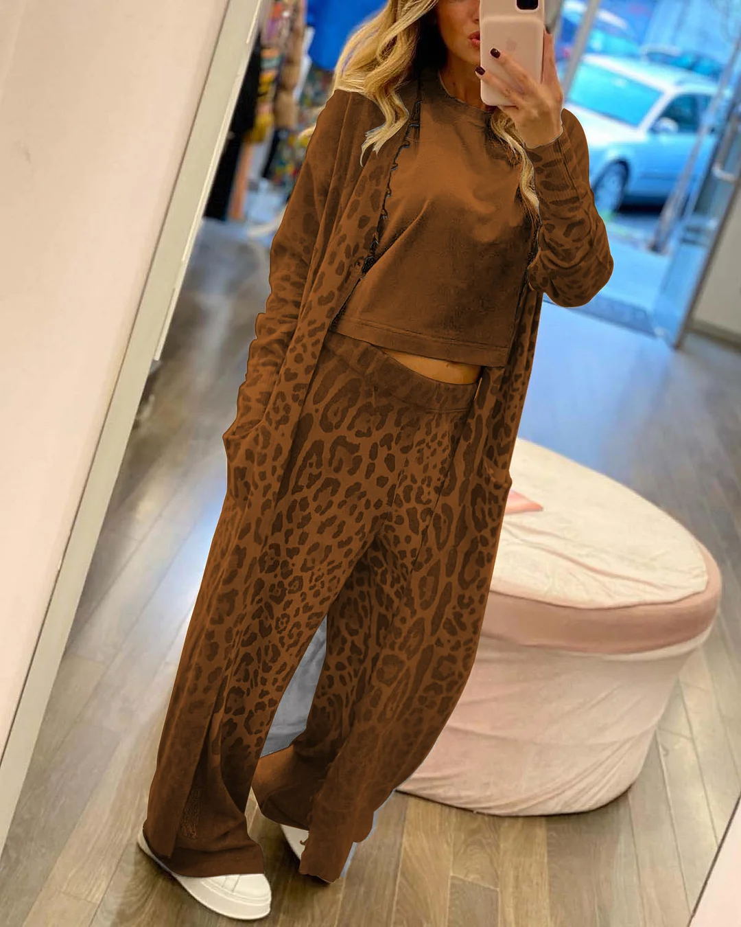 New leopard print long sleeved cardigan jacket, long pants set, two-piece set for women