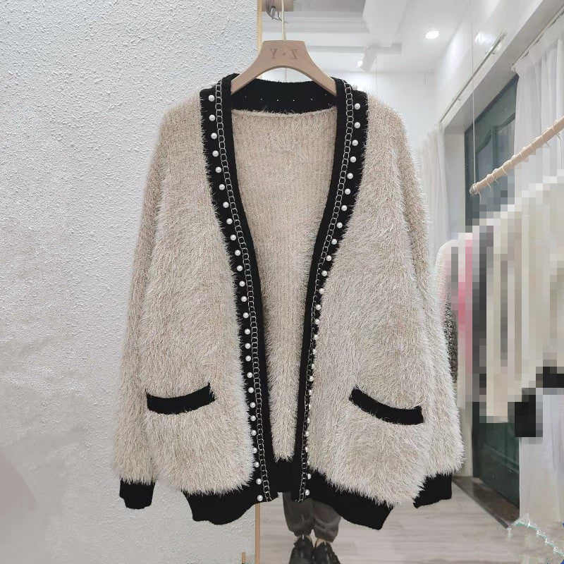 Women's Thick Knit Jacket, Chanel Style Beaded Sweater, Loose Casual Long Sleeve
