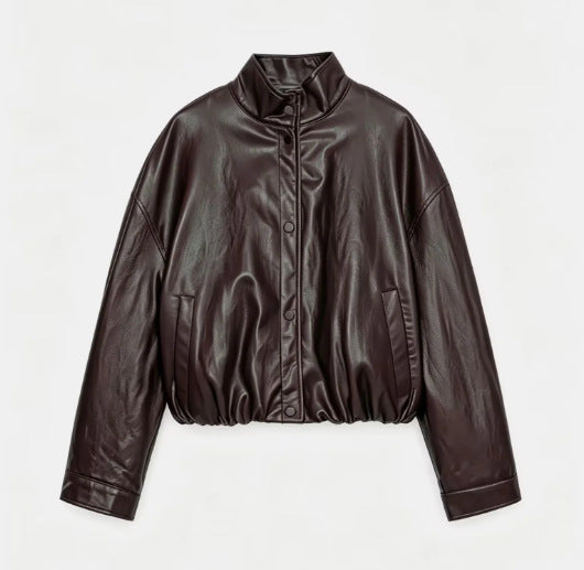 Half high collar long sleeved single breasted PU jacket