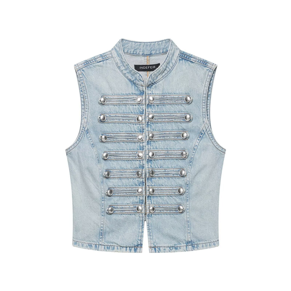 Tailored knot button decoration denim vest women