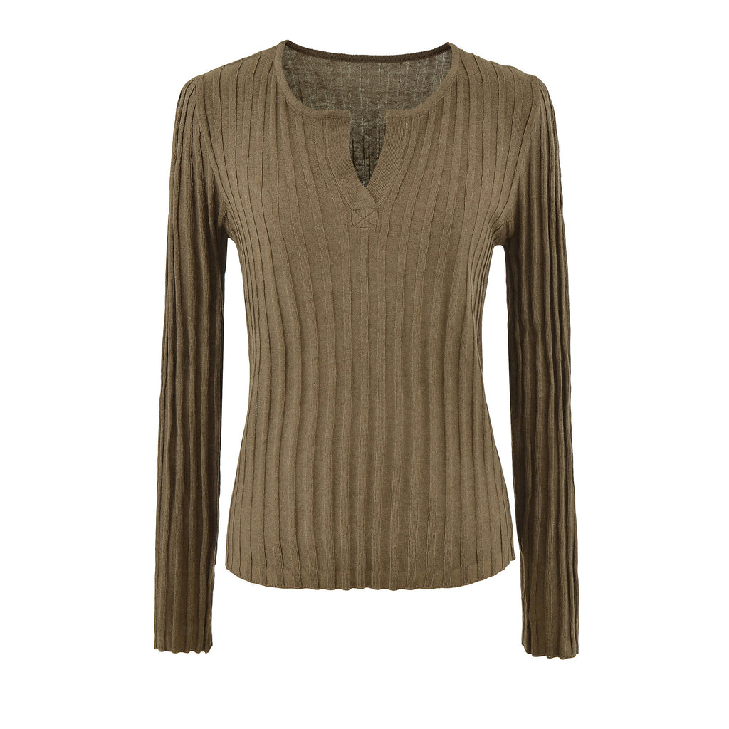 Wool Blend Vertical Ribbed Knit Top