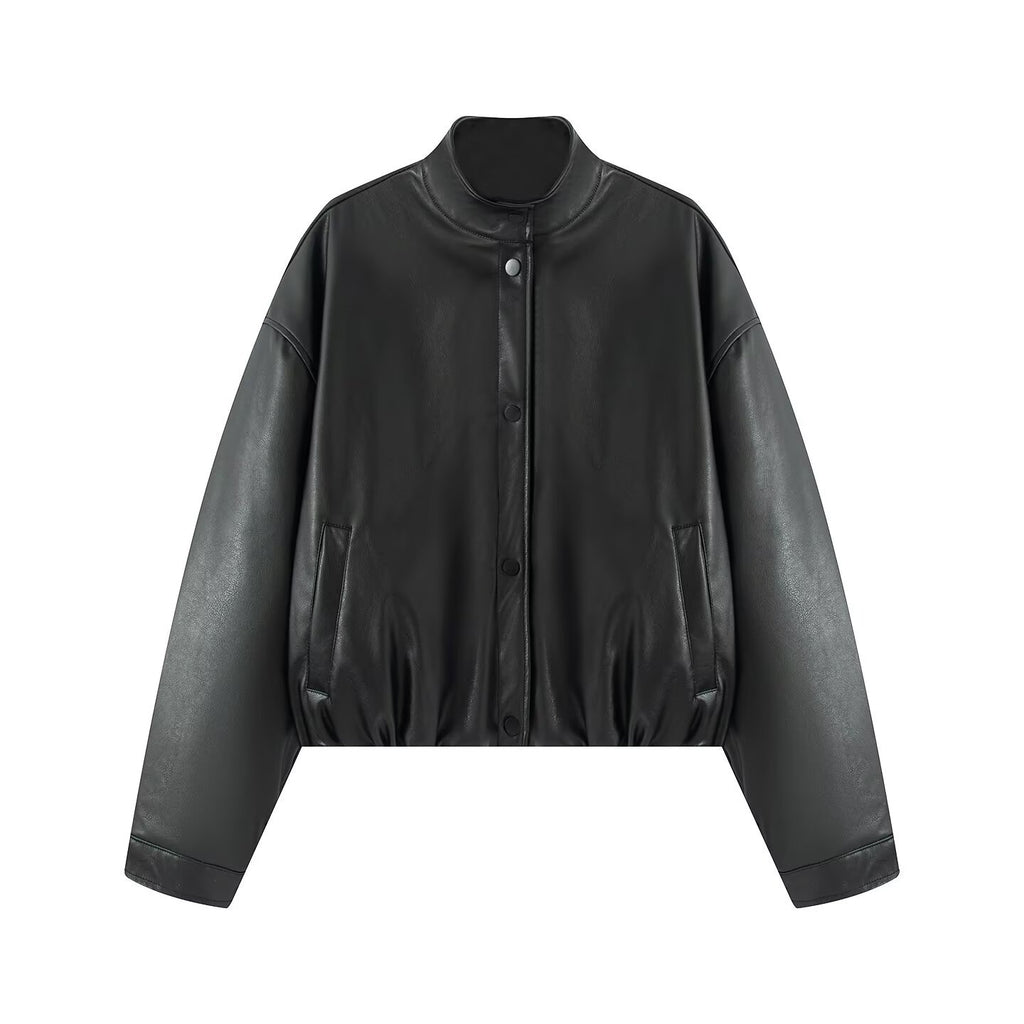 Half high collar long sleeved single breasted PU jacket
