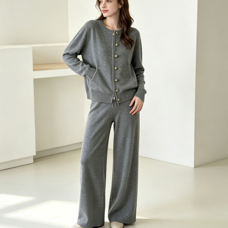 Zipper knit sweater wide leg straight leg pants solid color two-piece set