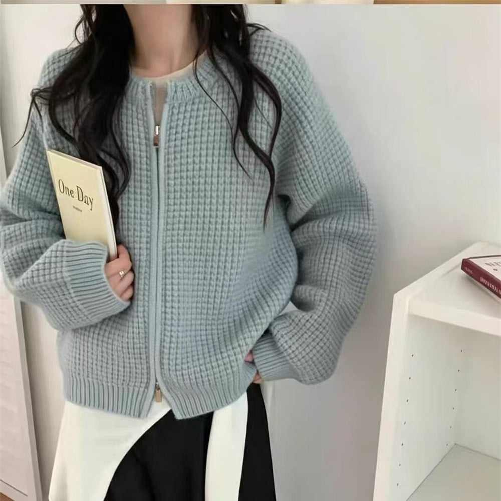 Round neck double zipper short sweater