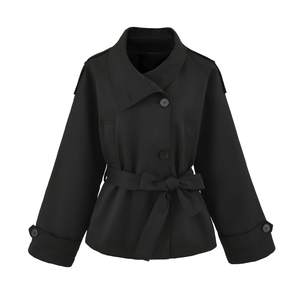Women's Premium Short Stand Collar Trench Coat, Khaki Waist-Cinching Cropped Jacket for Petite