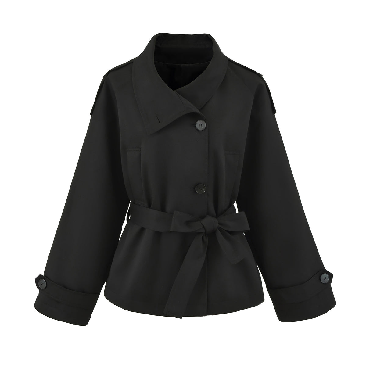 Women's Premium Short Stand Collar Trench Coat, Khaki Waist-Cinching Cropped Jacket for Petite