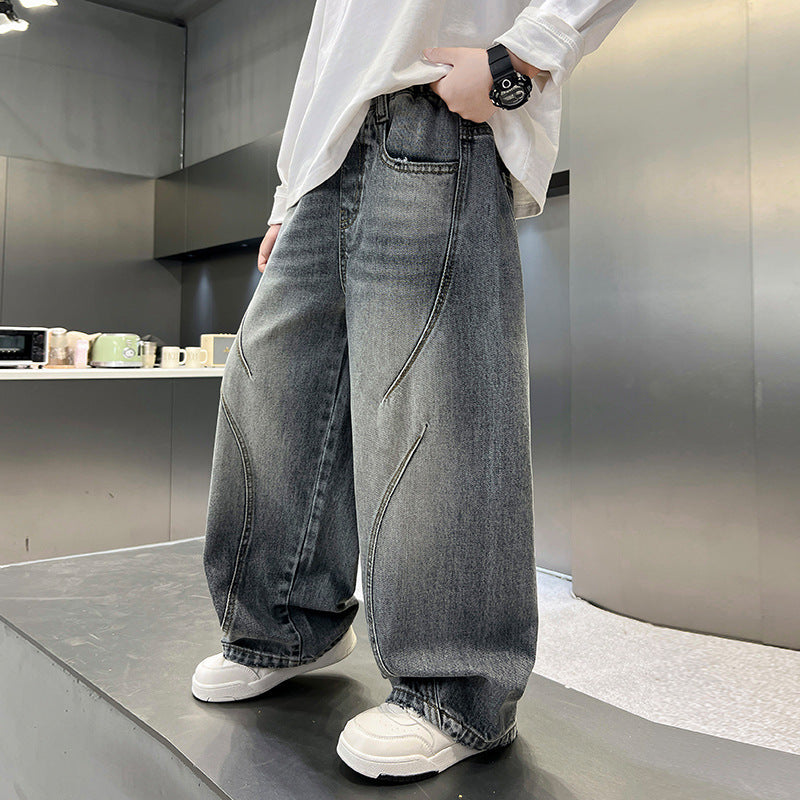 Casual Cargo Denim Pants for Boys, Relaxed Fit Autumn Long Trousers