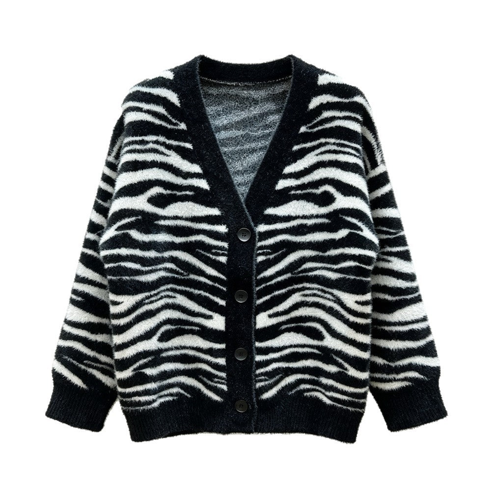 Zebra striped color blocked loose V-neck sweater