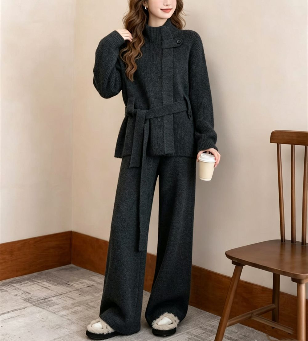 Stand up collar belt wide leg pants set