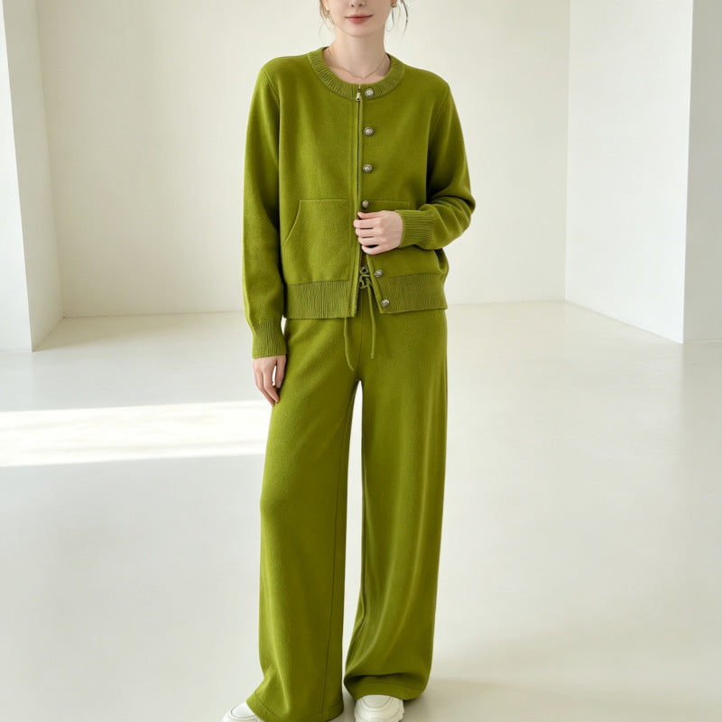 Zipper knit sweater wide leg straight leg pants solid color two-piece set
