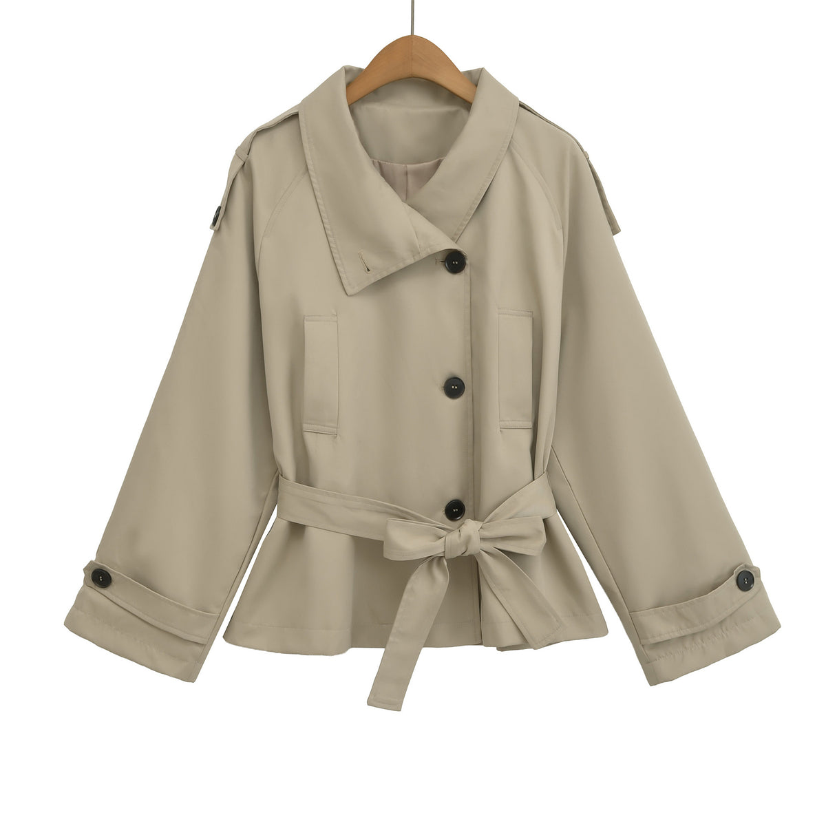Women's Premium Short Stand Collar Trench Coat, Khaki Waist-Cinching Cropped Jacket for Petite
