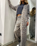 New leopard print long sleeved cardigan jacket, long pants set, two-piece set for women