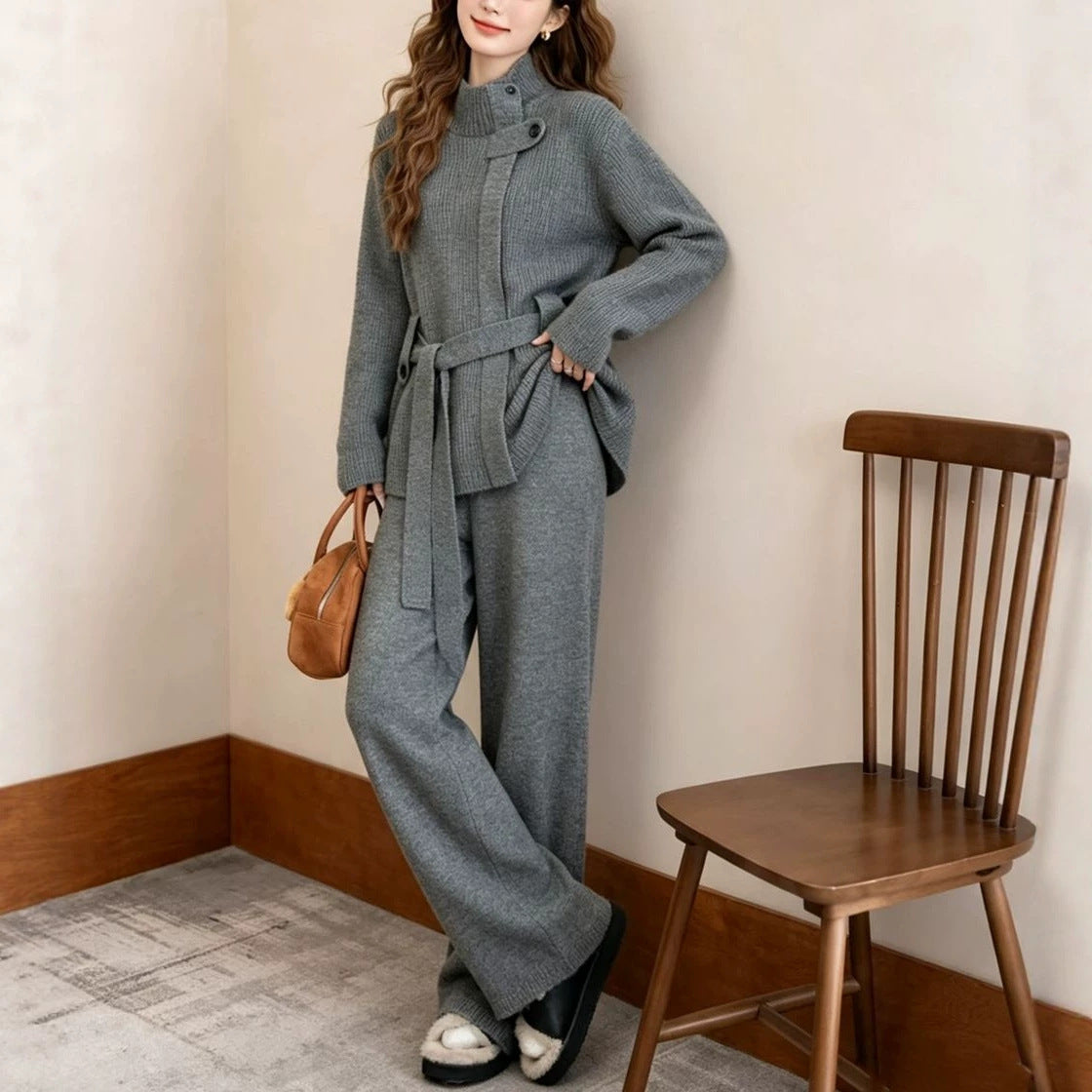 Stand up collar belt wide leg pants set