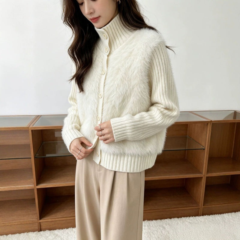 Stand up collar single breasted sweater