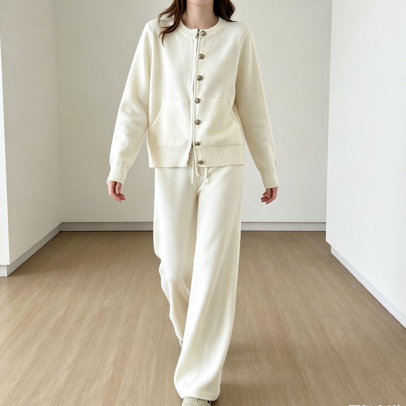 Zipper knit sweater wide leg straight leg pants solid color two-piece set