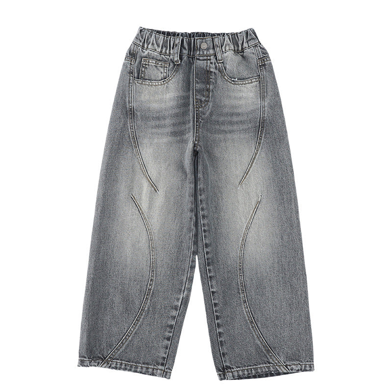 Casual Cargo Denim Pants for Boys, Relaxed Fit Autumn Long Trousers