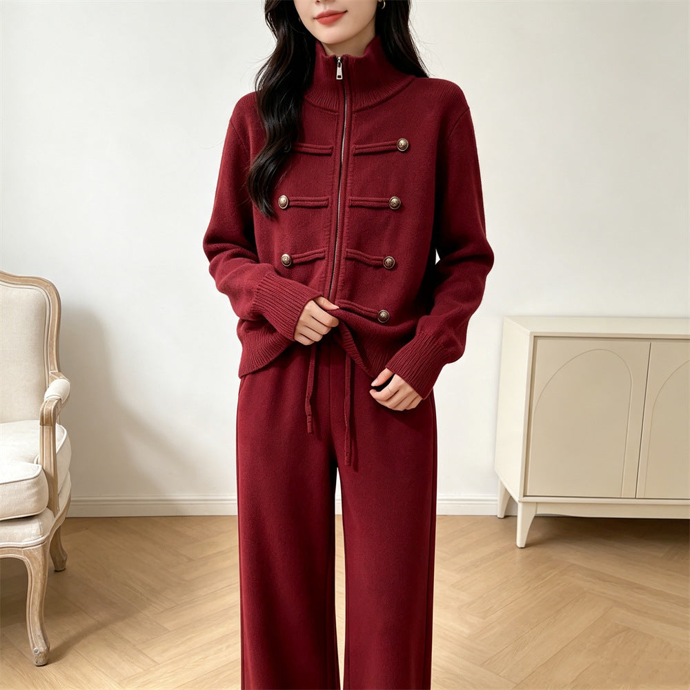 Double zipper long sleeved sweater set for women