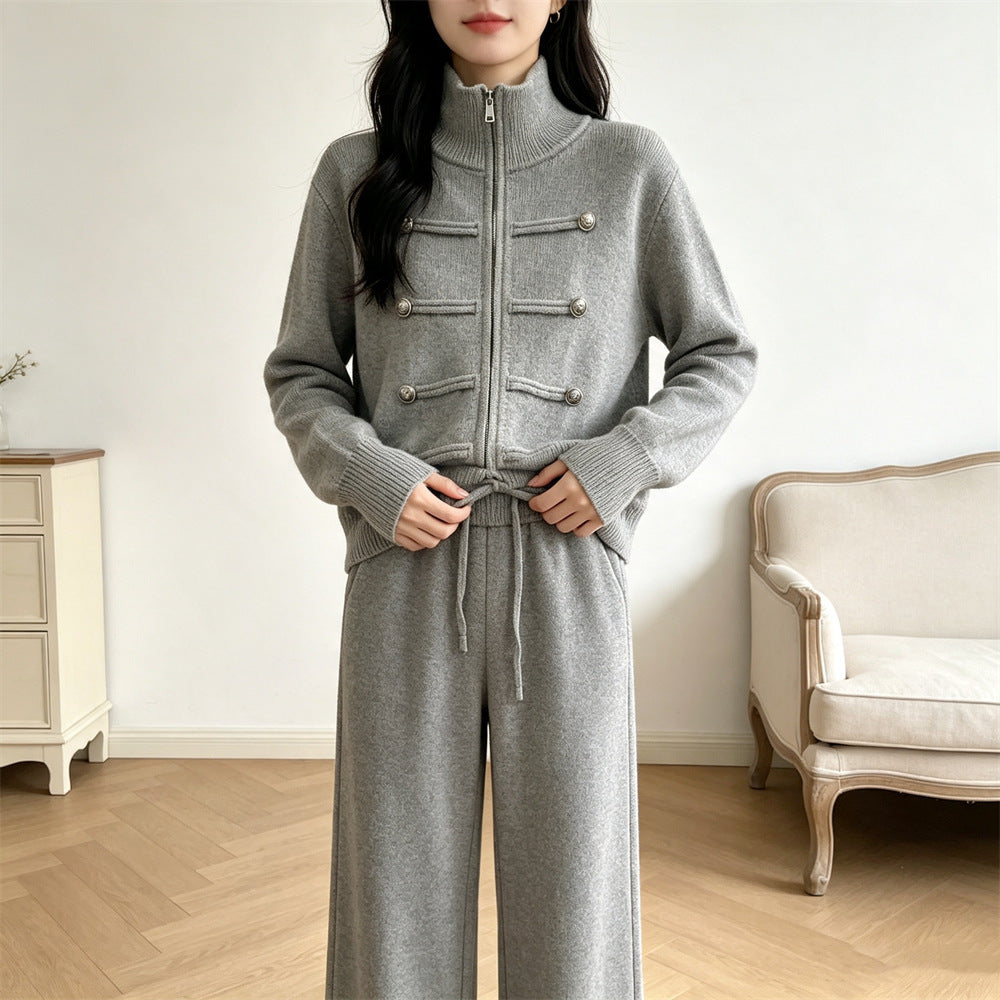 Double zipper long sleeved sweater set for women