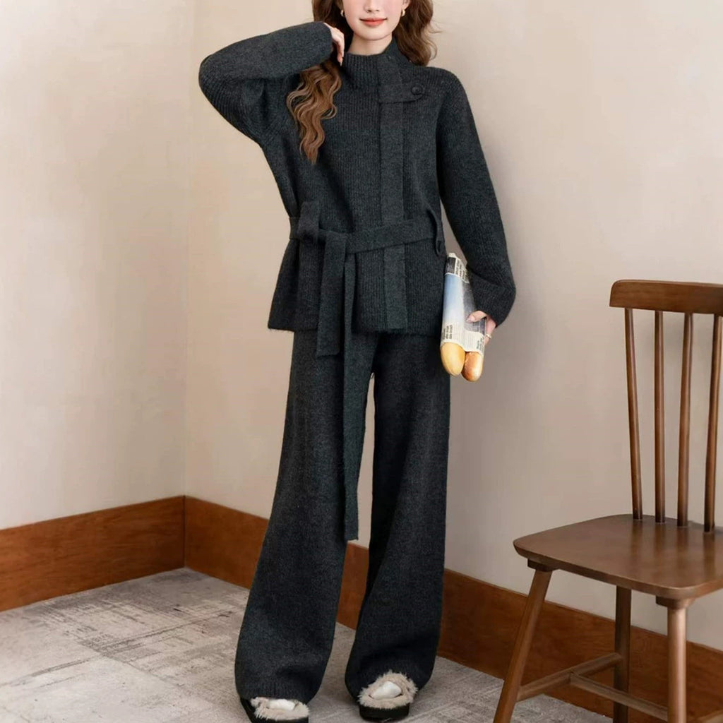 Stand up collar belt wide leg pants set