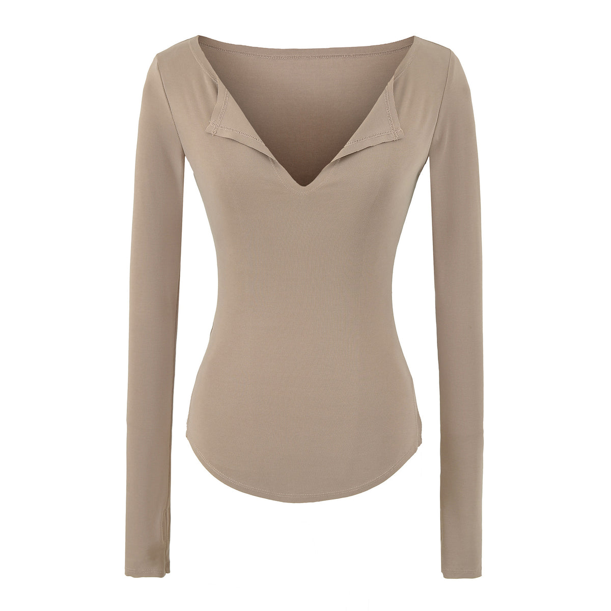 Women's Pink Slim Fit Long Sleeve V-Neck T-Shirt with Side Slit