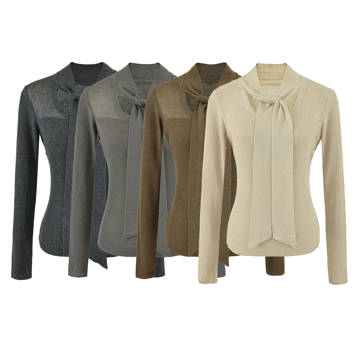 Women's Tie-Neck Semi-Sheer Slim Fit Wool Blend Knit Top Long Sleeve Layering Sweater