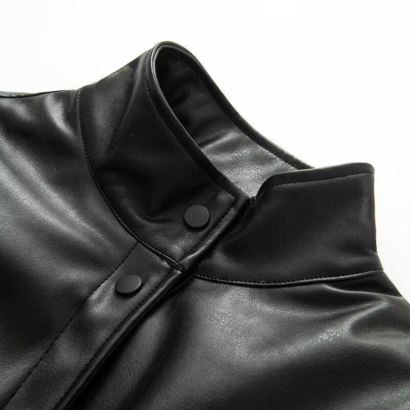 Half high collar long sleeved single breasted PU jacket