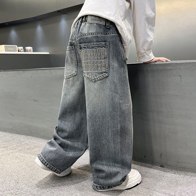 Casual Cargo Denim Pants for Boys, Relaxed Fit Autumn Long Trousers