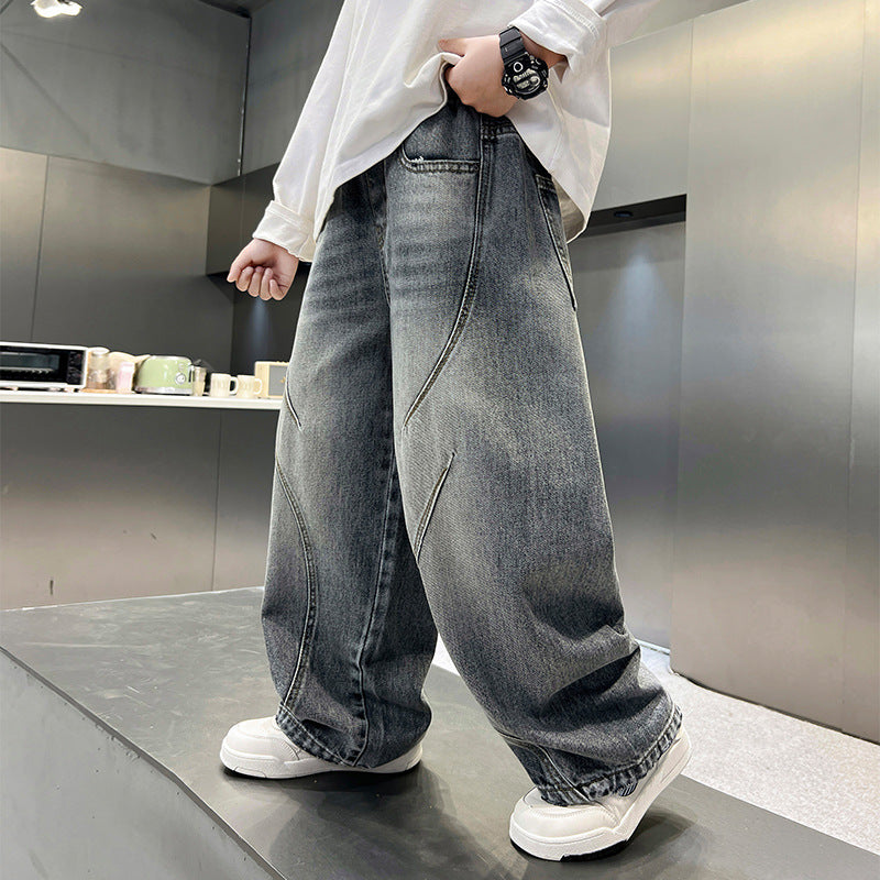 Casual Cargo Denim Pants for Boys, Relaxed Fit Autumn Long Trousers