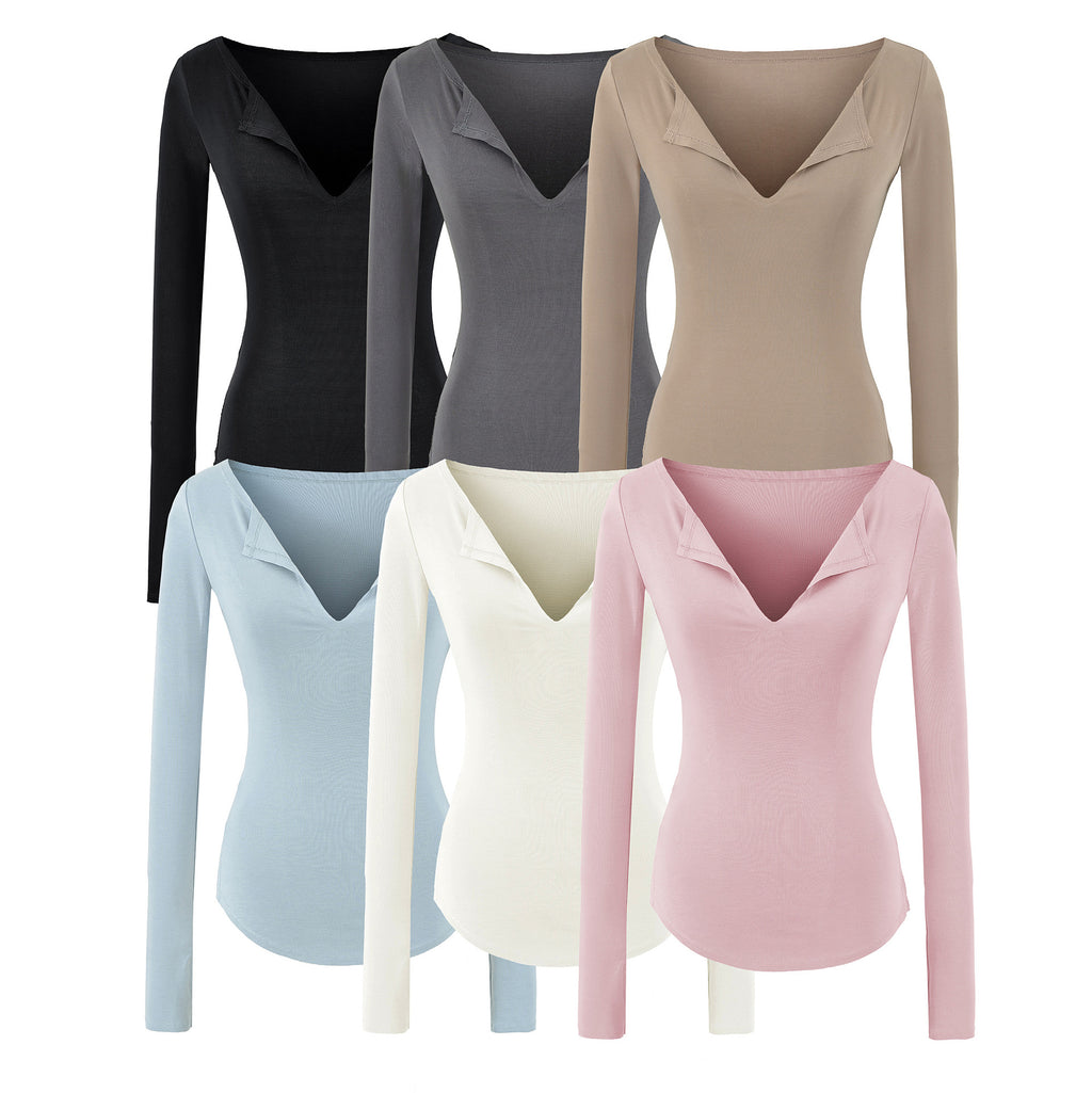 Women's Pink Slim Fit Long Sleeve V-Neck T-Shirt with Side Slit
