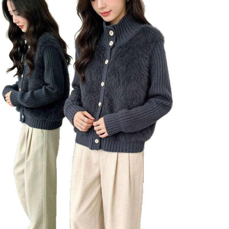 Stand up collar single breasted sweater