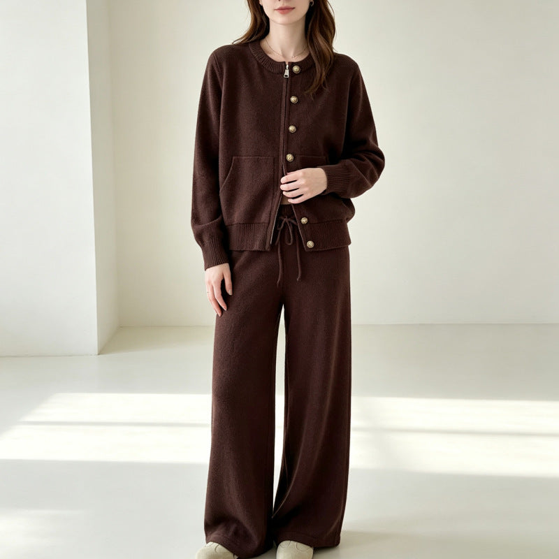 Zipper knit sweater wide leg straight leg pants solid color two-piece set