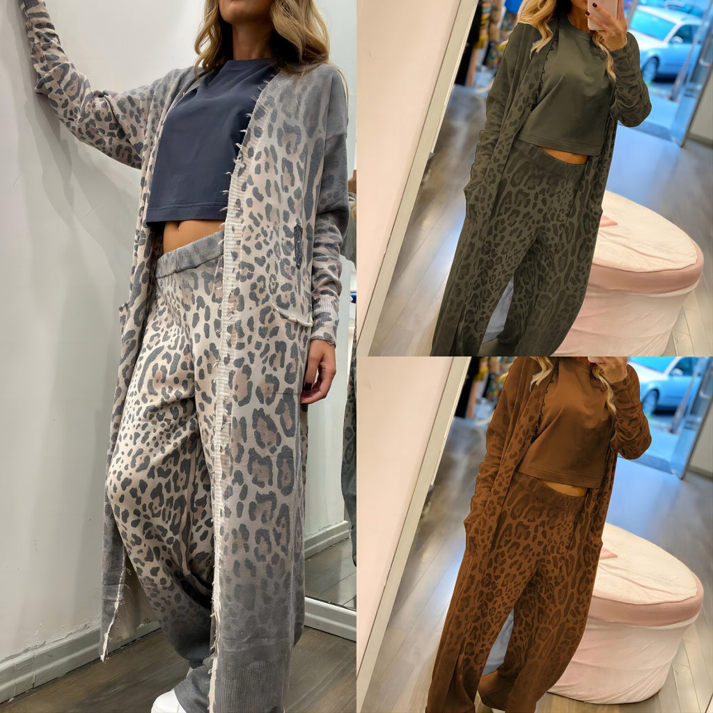 New leopard print long sleeved cardigan jacket, long pants set, two-piece set for women